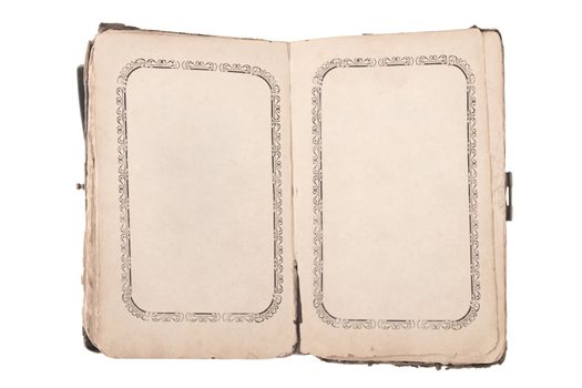 front view of old open book with blank pages