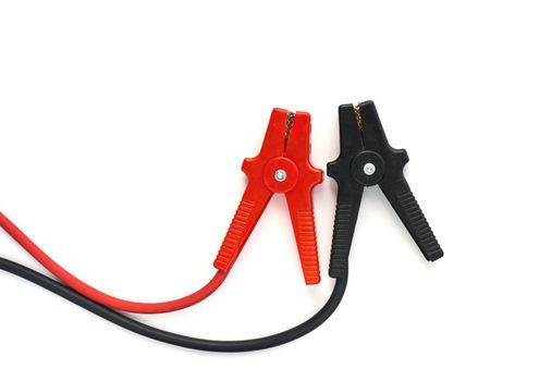 Car battery jumper cables over white background