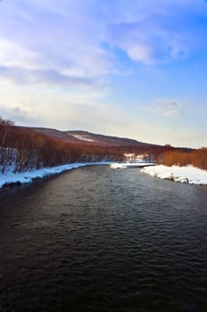 Landscape with the river covered with snow and trees