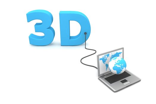 blue word 3D is connected to a laptop - a three-dimensional globe is in front of the screen