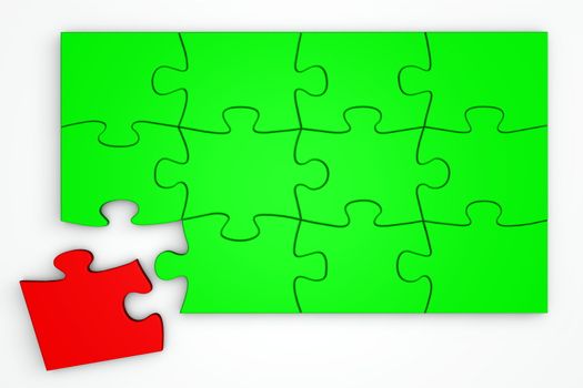 green puzzle with a separate red piece next to it - top view