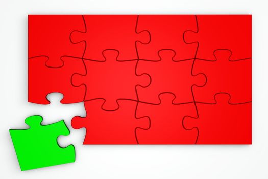 red puzzle with a separate green piece next to it - top view