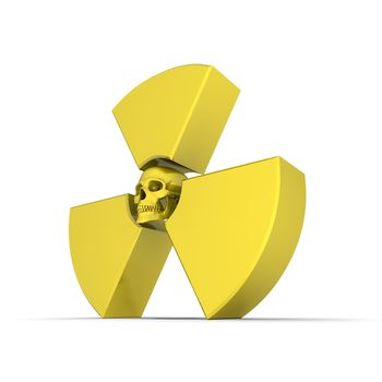 shiny 3d atomic/nuclear symbol made of a glossy yellow material - a human skull is replacing the middle dot