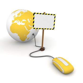 yellow computer mouse is connected to a yellow globe - surfing and browsing is blocked by a white rectangular sign that cuts the cable - empty template with yellow and black warning stripes