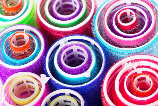 Closeup view of colorful hair rollers