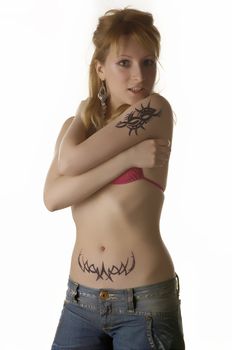 Blonde Girl with tattoo posing and smiling