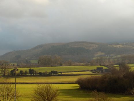 Evening sun lights up pastoral fields near Hay-On-Wye, Wales.
