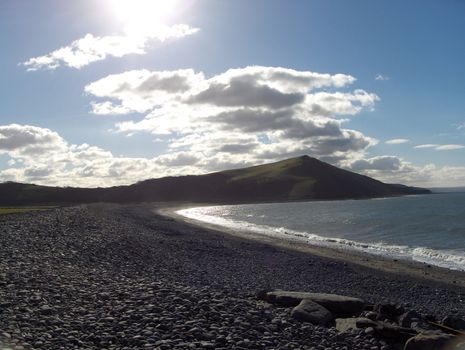 A rugged rocky beach near Aberystwyth, Wales.