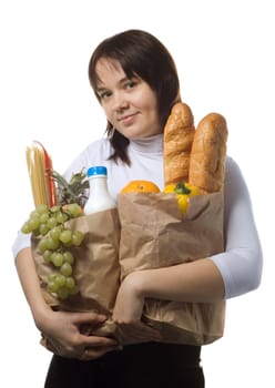 Pretty girl with package of  purchases, isolated