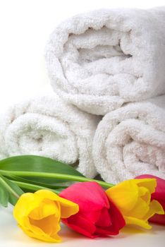 Elegant colorful tulips and soft cotton towels in a spa