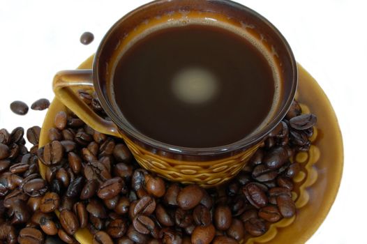 cup of coffee with coffee beans isolated on the white background