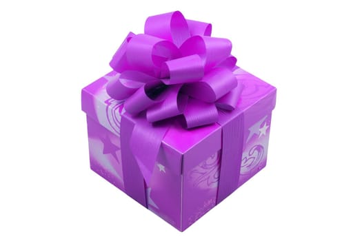 a purple present with a red ribbon isolated on the white background