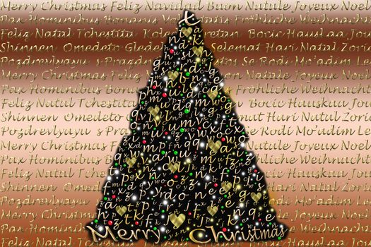 Christmas card, tree alphabet, Christmas greetings in many languages