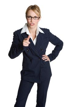 Isolated young angry businesswoman pointing