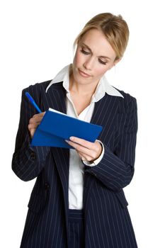Isolated business woman writing check