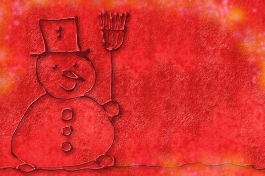child drawing a snowman on red background