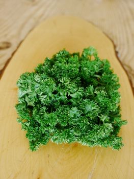 fresh bright green parsley closeup on bamboo cutting board, white background