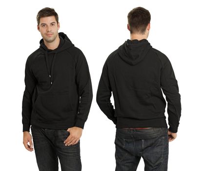 Young male with blank black hoodie, front and back. Ready for your design or artwork.