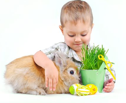 Cute little boy with Bunny and Easter eggs near basket with the green spring grass