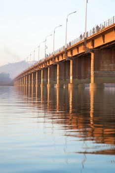 Pont des martyrs Bridge in Bamako - On the river the Niger with a beautiful sunset and people walking