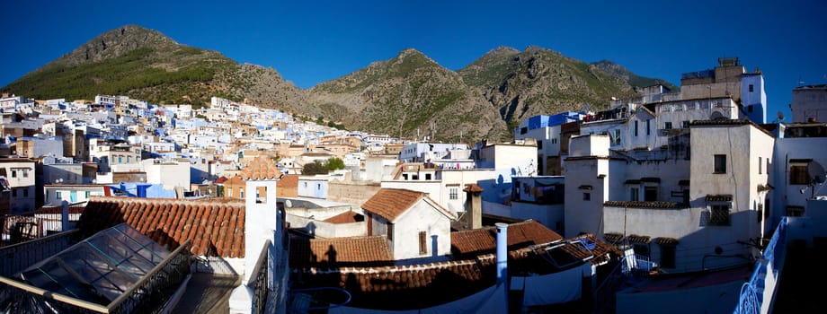 Panoramic view of the village Chaouen or Chefchaouen in the Rif mountain in Morocco