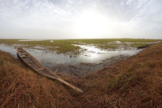 Panorama of Pinnace in the delta of Niger in Mopti and the surrounding countryside