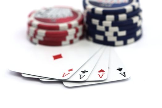 Playing poker concept. Stack of chips and cards,shallow dof