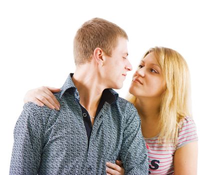 portrait of happy young couple isolated on white background. Relationship