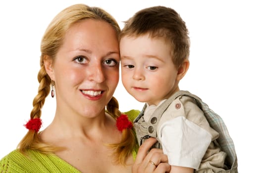 Happy mother holding two years son isolated on white