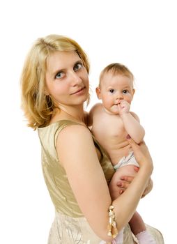 Mother holding five month daughter isolated on white