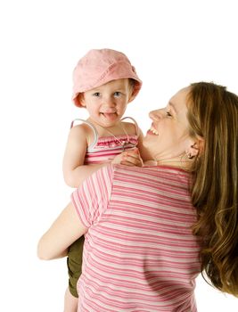 Mother holding child laughing together isolated on white