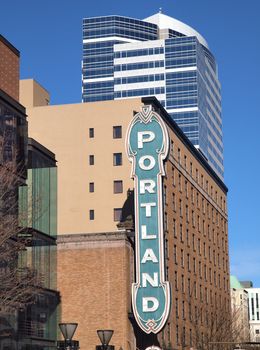 The Portland historical theater sign in downtown Portland Oregon