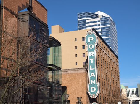 The Portland historical theater sign in downtown Portland Oregon