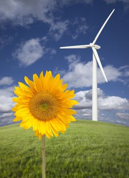 Wind Turbine Against Dramatic Sky, Clouds and Bright Sunflower in the Foreground.
