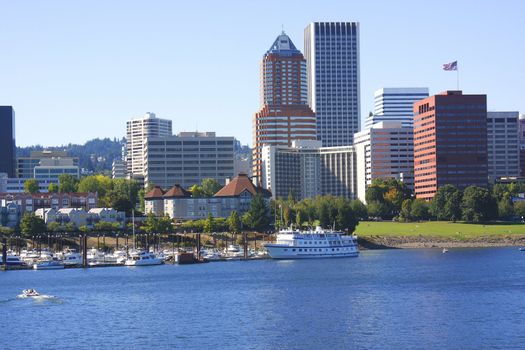 A view of Portland OR., skyline and marina.