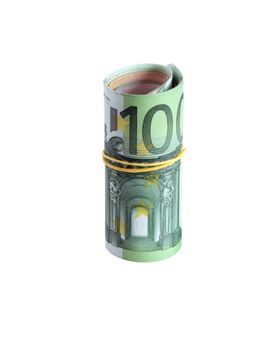 Roll of one hundred european notes tied with rubber band. Isolated on white with clipping path