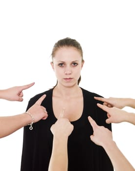Group of Hands pointing at a woman on white background