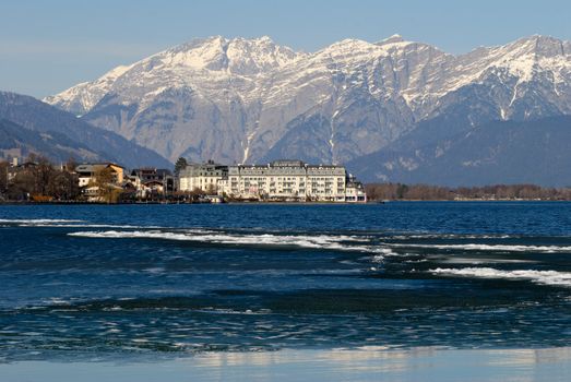 Melting ice on the lake of Zell am See in Austria