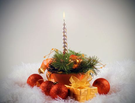 Christmas orange spheres and silver candles 