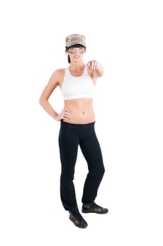 Shoot of fitness instructor in military style isolated on white