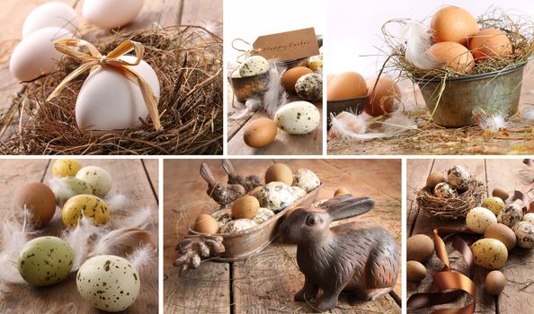 Collage of brown eggs images with straw and feathers for easter