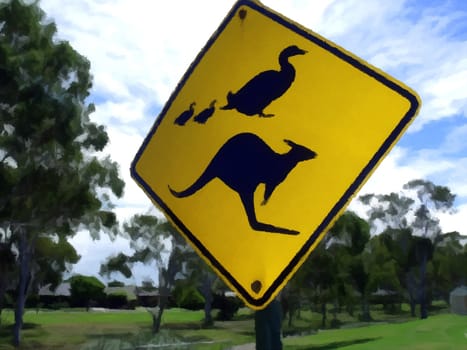 Painting of a "beware of ducks and kangaroo crossing" sign in Australia