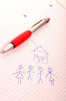 real estate concept with young family and house drawing