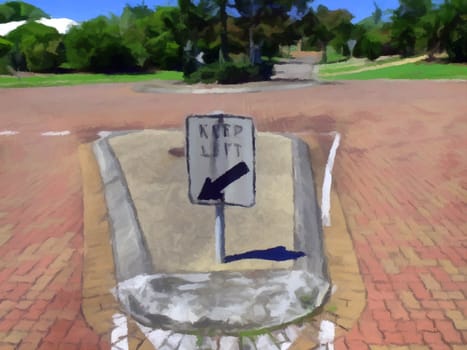 Painting of a keep left sign and round-a-bout