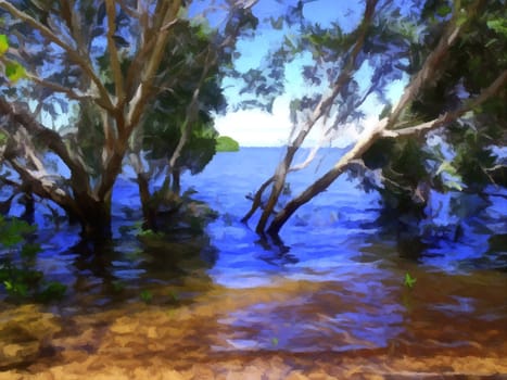 Painting of a view from inside the mangroves