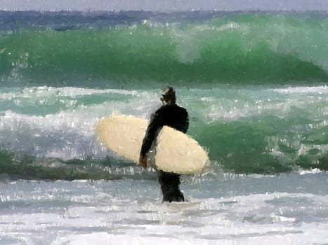 Painting of a surfer heading into the water