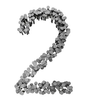 Alphabet made from hammered nails isolated on white background, number 2