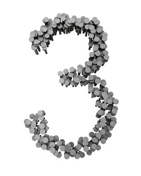 Alphabet made from hammered nails isolated on white background, number 3