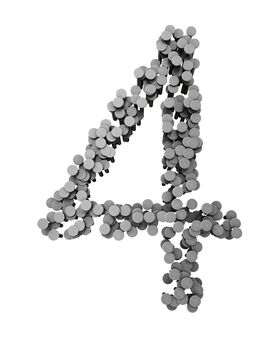 Alphabet made from hammered nails isolated on white background, number 4