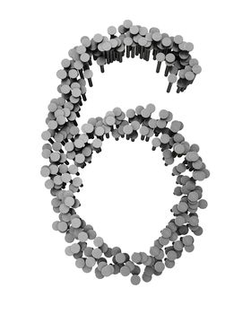 Alphabet made from hammered nails isolated on white background, number 6